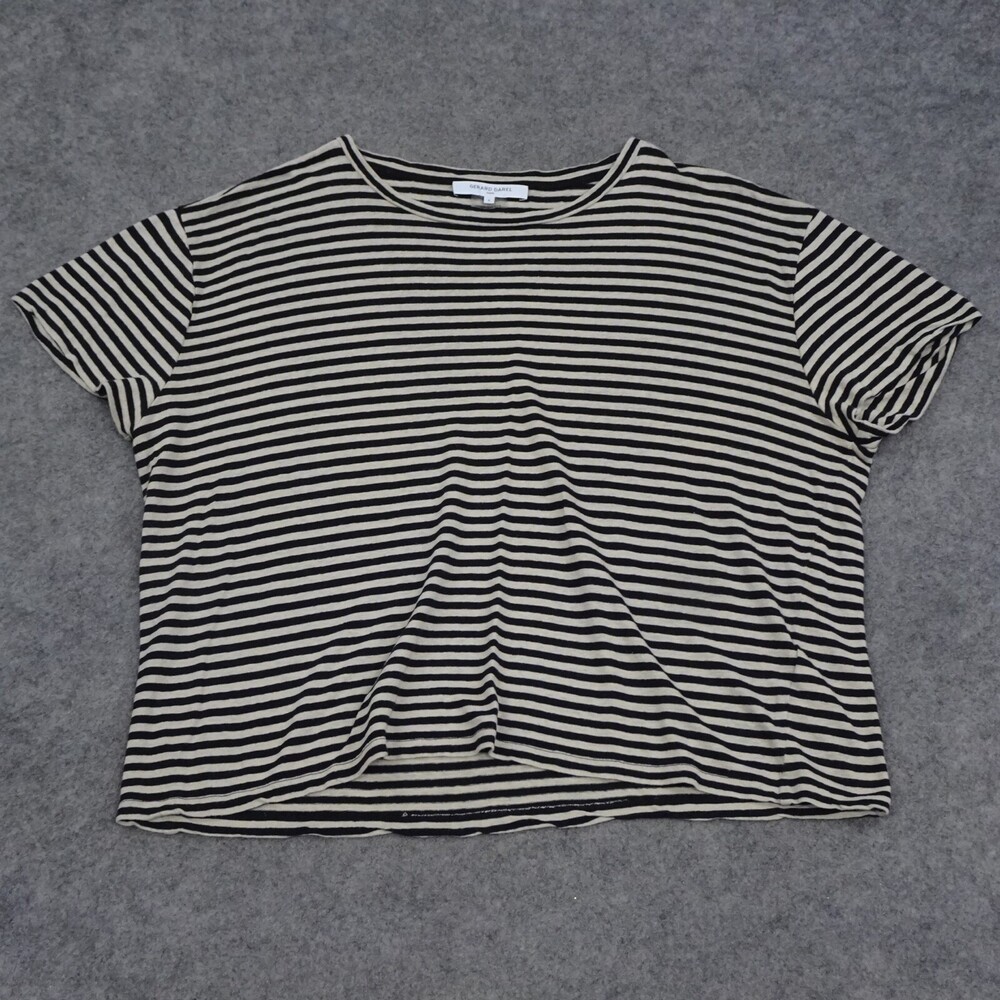 Gerard Darel Shirt Womens 4 Black Beige Pullover Top Short Sleeve Striped Linen